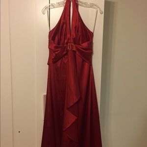 Red satin halter gown with jewel inlay